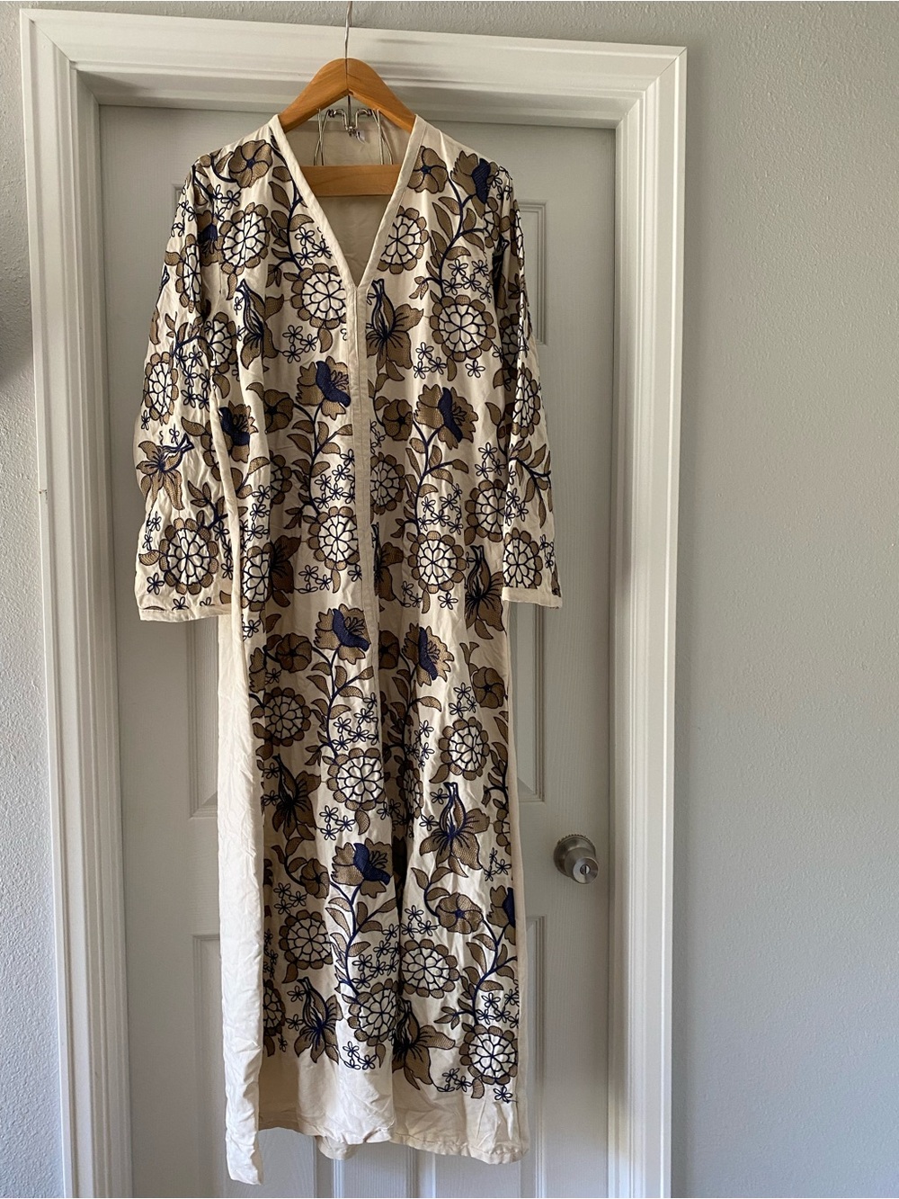 Cream Blue Tan Embroidered Cotton Long Sleeved Kaftan Maxi Dress